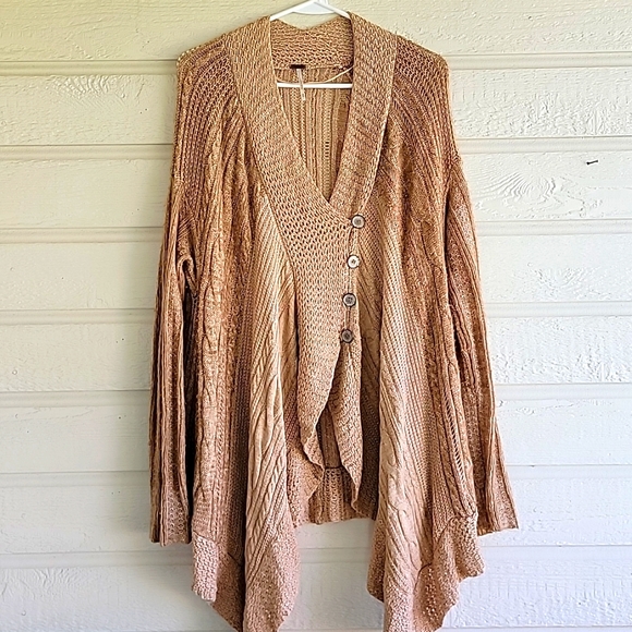Free People Long Button Down Tan Caramel Waterfall Women Cardigan Sweater Size M - Picture 7 of 15